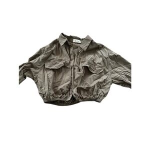 Love Notes Olive Green‎ Cropped Shirt, Balloon Sleeves, Button Down, Size Small